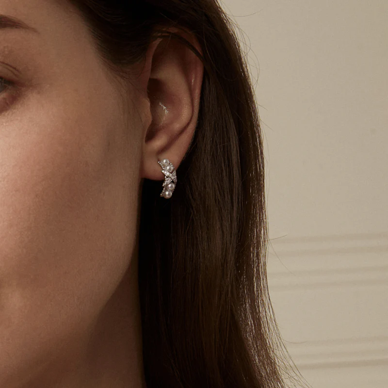 Freshwater Pearls 14K Gold Lab-Grown Diamonds Quartet X-Pearl Earrings - Image 4