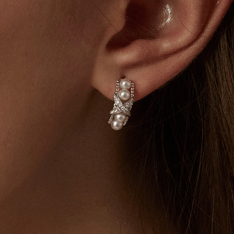 Freshwater Pearls 14K Gold Lab-Grown Diamonds Quartet X-Pearl Earrings - Image 5