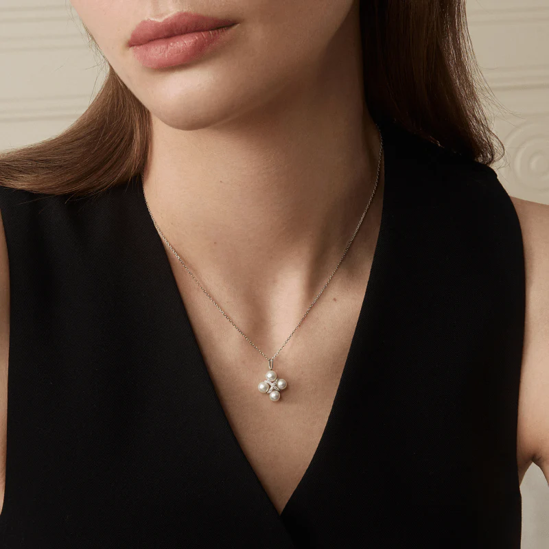 Freshwater Pearls 14K Gold Lab-Grown Diamonds Quartet X-Pearl Pendant Necklace - Image 4