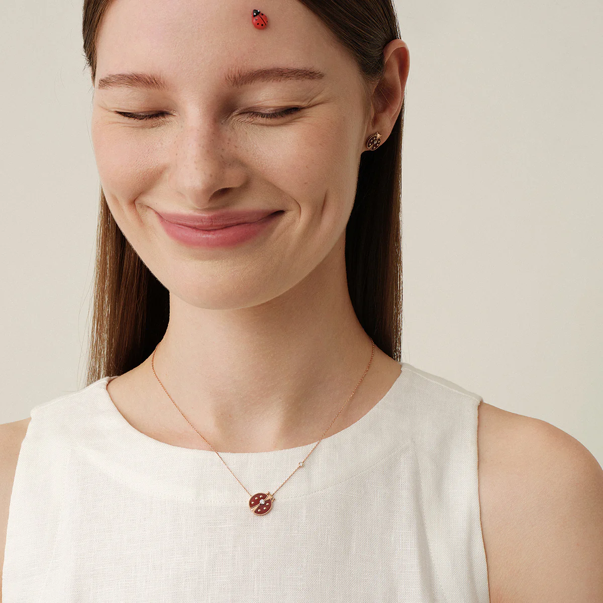 Red Agate 10K 14K Rose Gold Lab-Grown Diamond Insect Necklace - Image 4