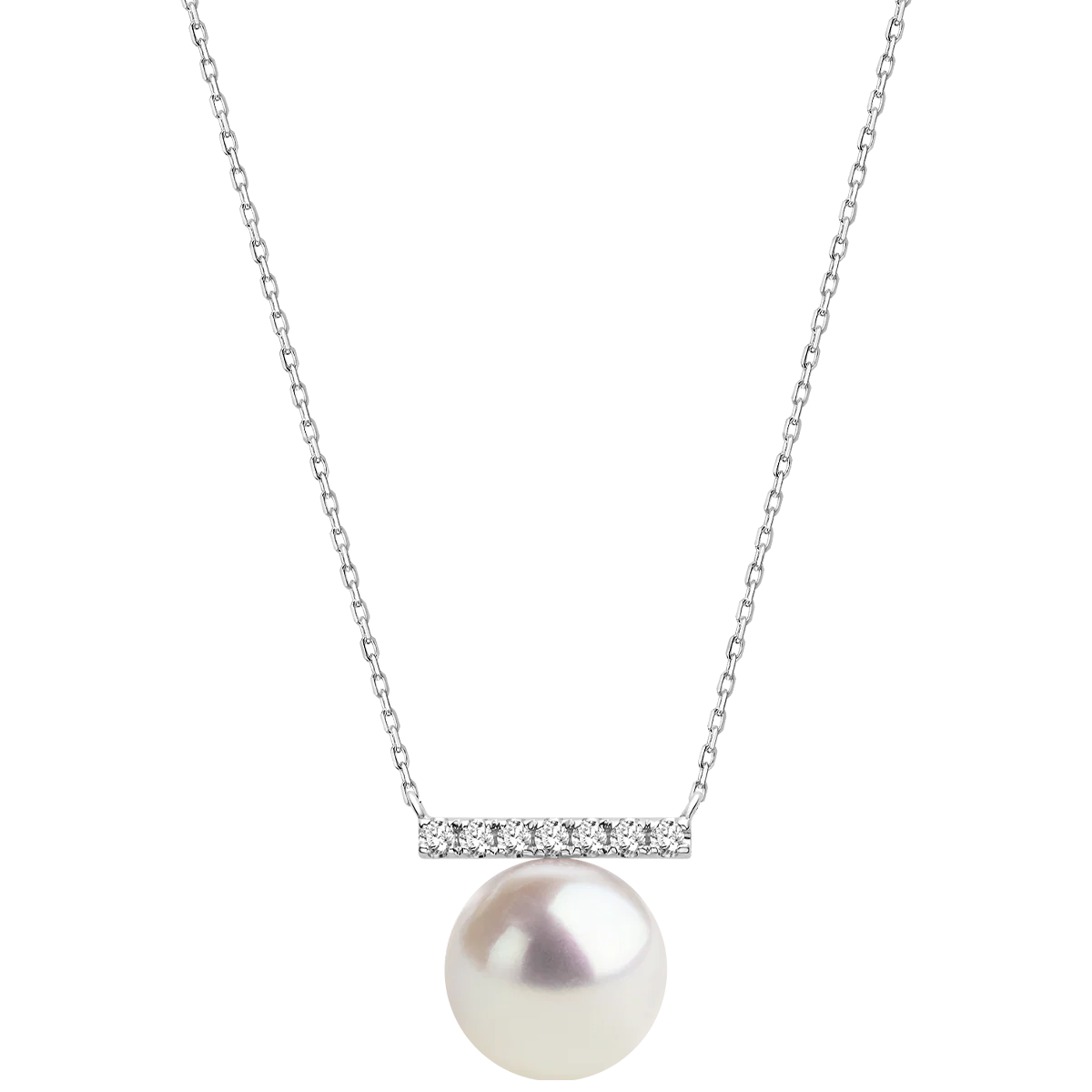 Round Freshwater Pearl Horizontal CZ Bar Pendant Necklace in 925 Sterling Silver