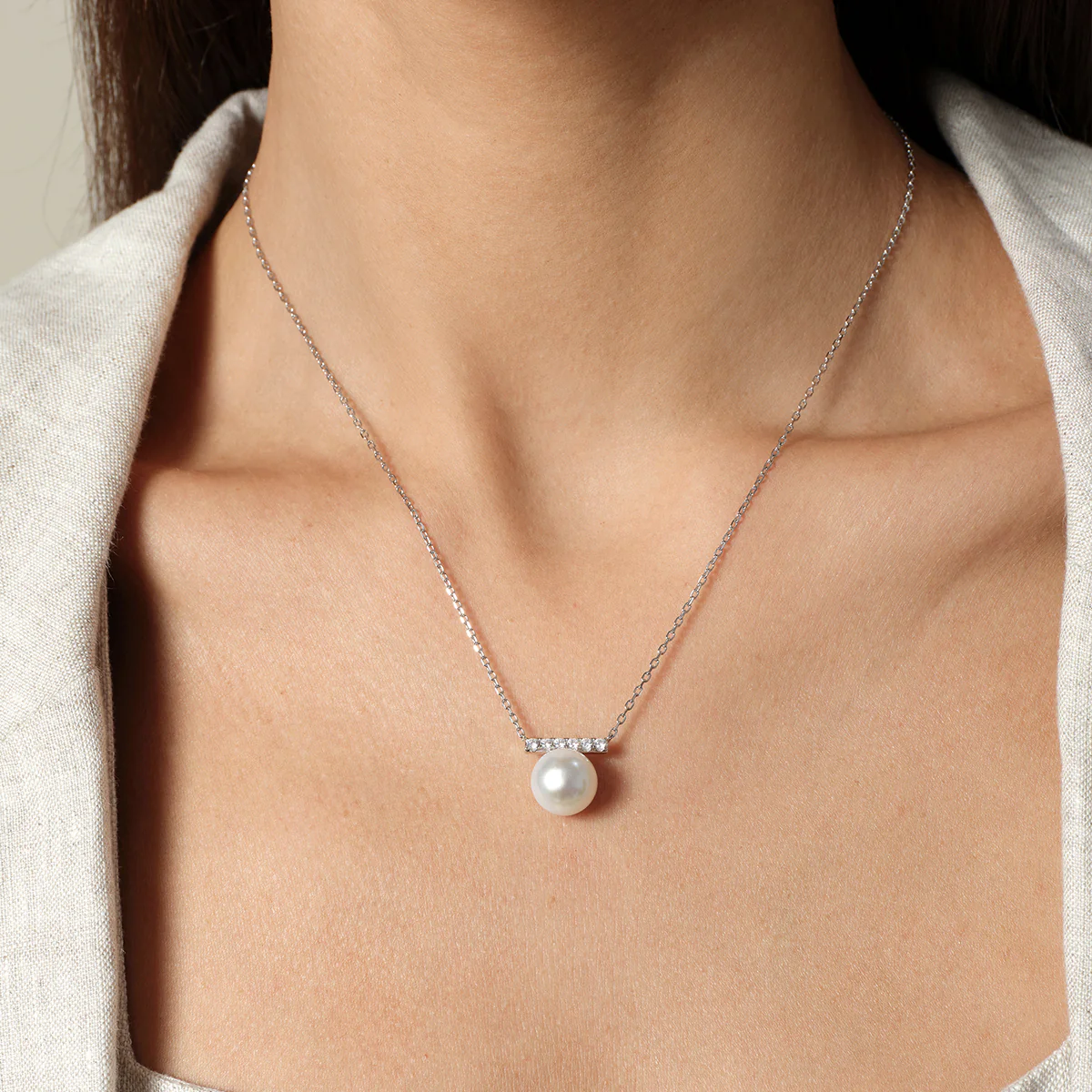 Round Freshwater Pearl Horizontal CZ Bar Pendant Necklace in 925 Sterling Silver - Image 2