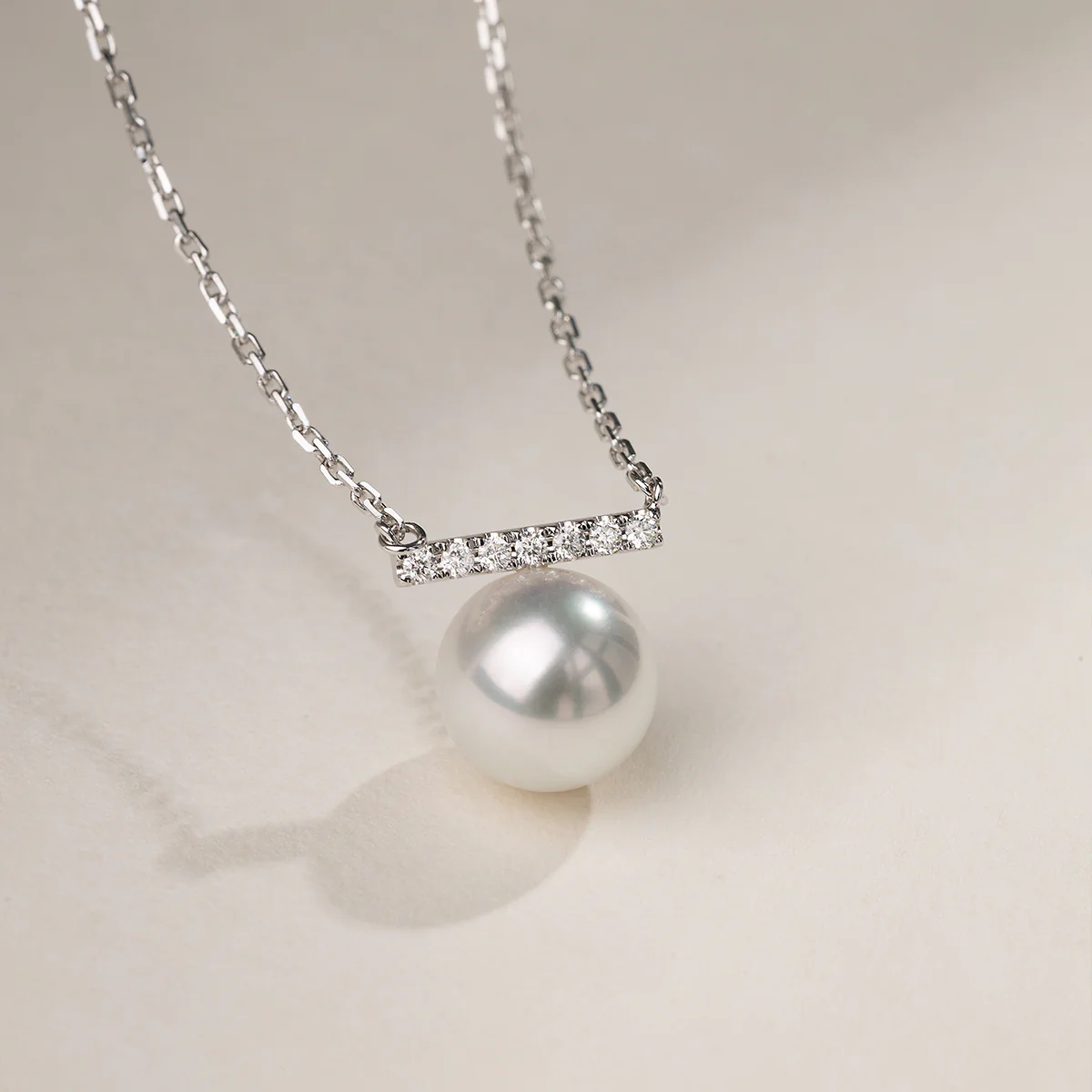 Round Freshwater Pearl Horizontal CZ Bar Pendant Necklace in 925 Sterling Silver - Image 3