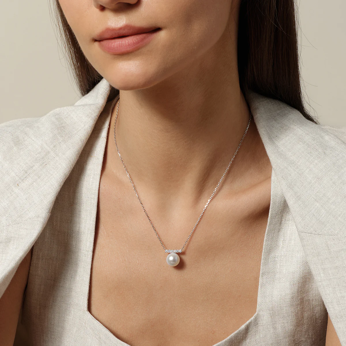 Round Freshwater Pearl Horizontal CZ Bar Pendant Necklace in 925 Sterling Silver - Image 4