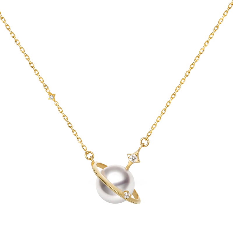 Saltwater Pearl 18K Gold Diamonds Planet Necklace