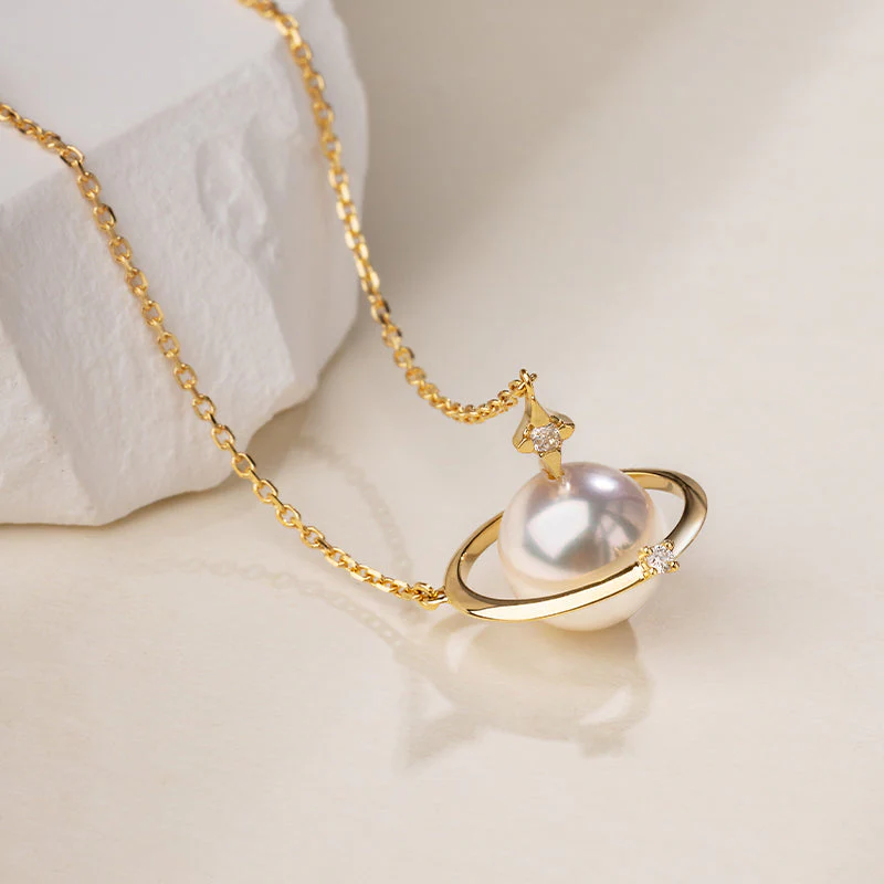 Saltwater Pearl 18K Gold Diamonds Planet Necklace - Image 12