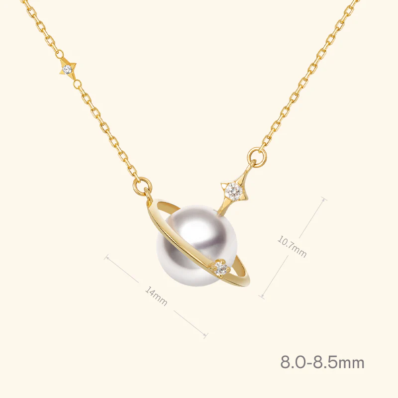Saltwater Pearl 18K Gold Diamonds Planet Necklace - Image 14