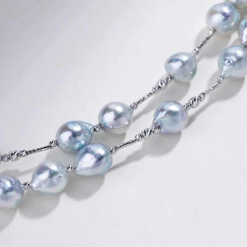 Silver Blue Baroque Pearl 18K Gold Sparkling Long Station Necklace - Image 3