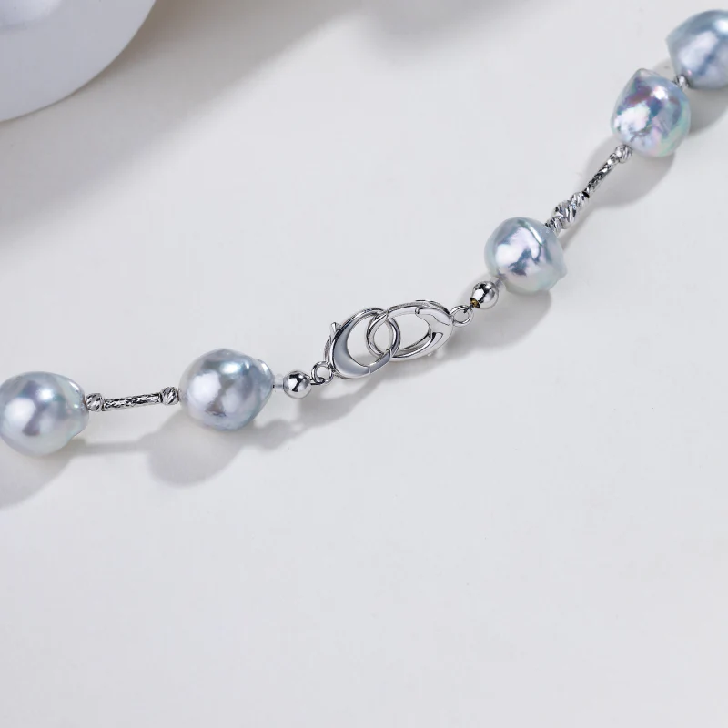 Silver Blue Baroque Pearl 18K Gold Sparkling Long Station Necklace - Image 4