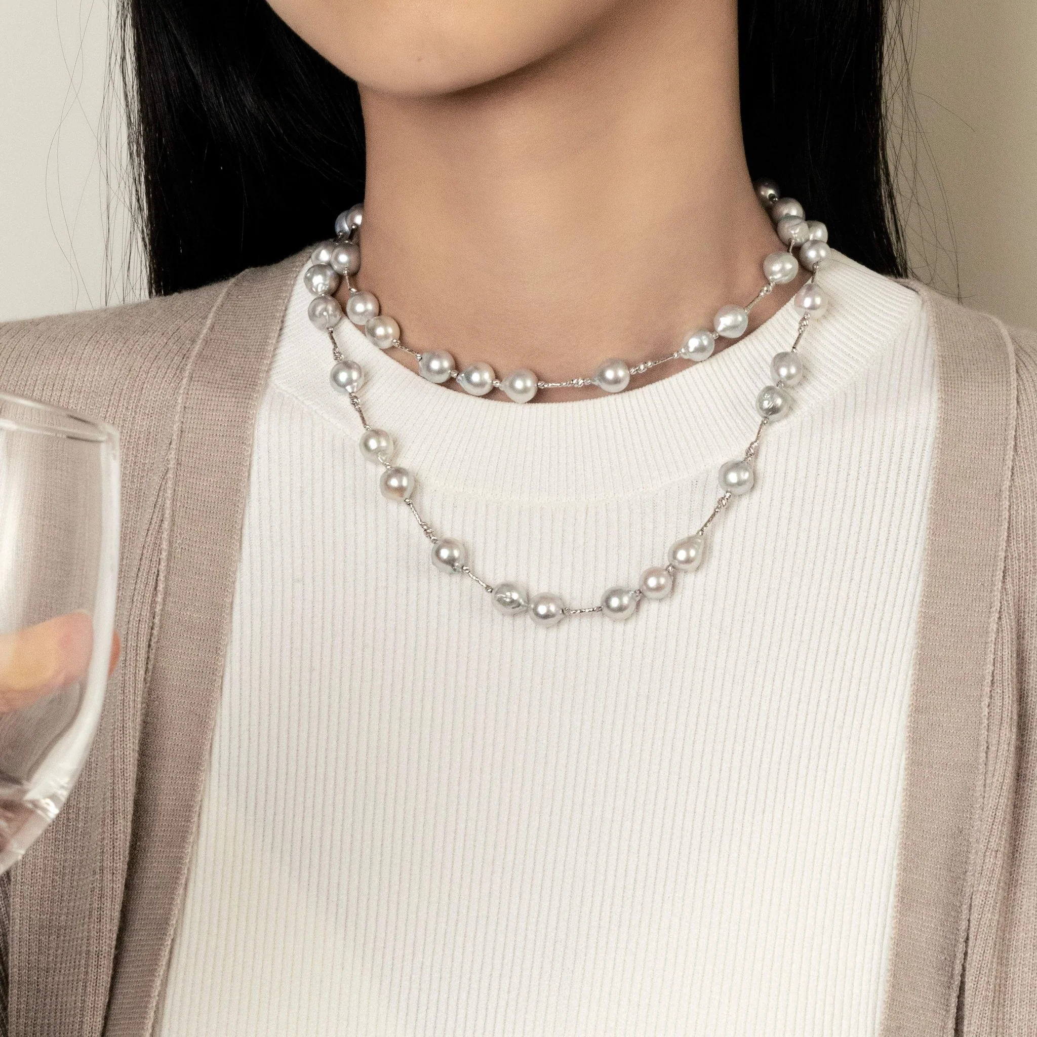 Silver Blue Baroque Pearl 18K Gold Sparkling Long Station Necklace - Image 6