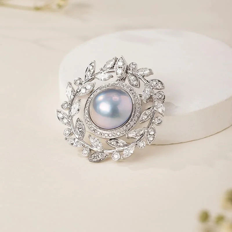 Silver Blue Mabe Pearl Diamond Hair Accessories Brooch - Image 5