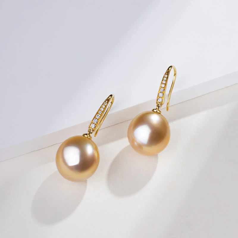 South Sea Golden Pearl 18K Diamonds French-style Ear Hook Earrings - Image 3