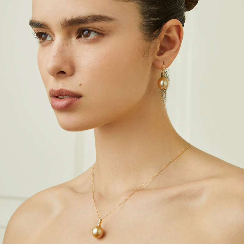 South Sea Golden Pearl 18K Diamonds French-style Ear Hook Earrings - Image 4