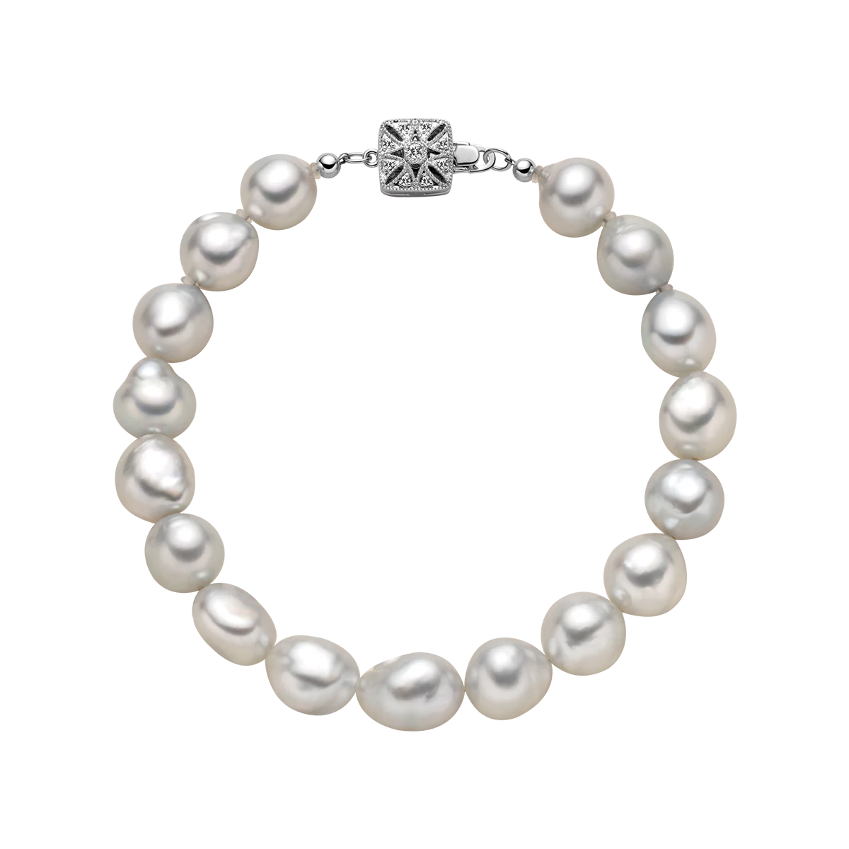 South Sea Pearl 10K White Gold Square Clasp Diamond Elegant Bracelet