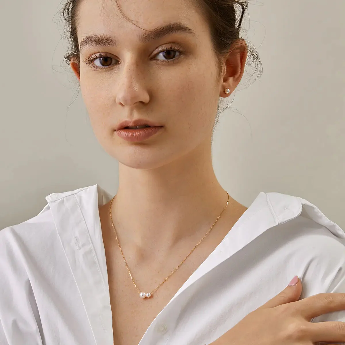 Twin Saltwater Pearl Minimalist Design 18K Necklace - Image 11